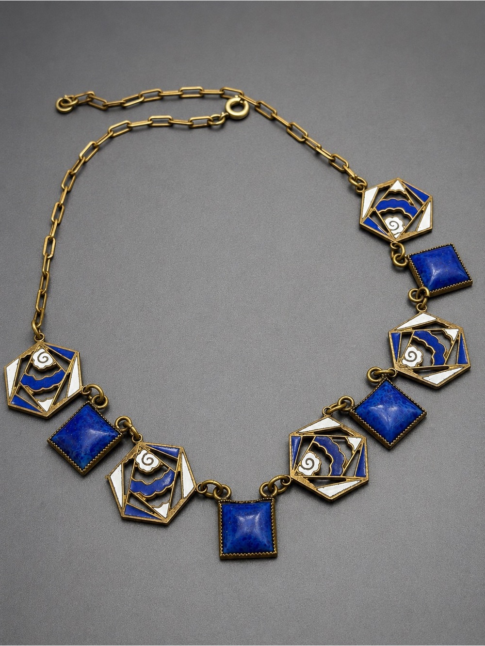 Vintage Champleve Enamel Blue  Art Deco Necklace